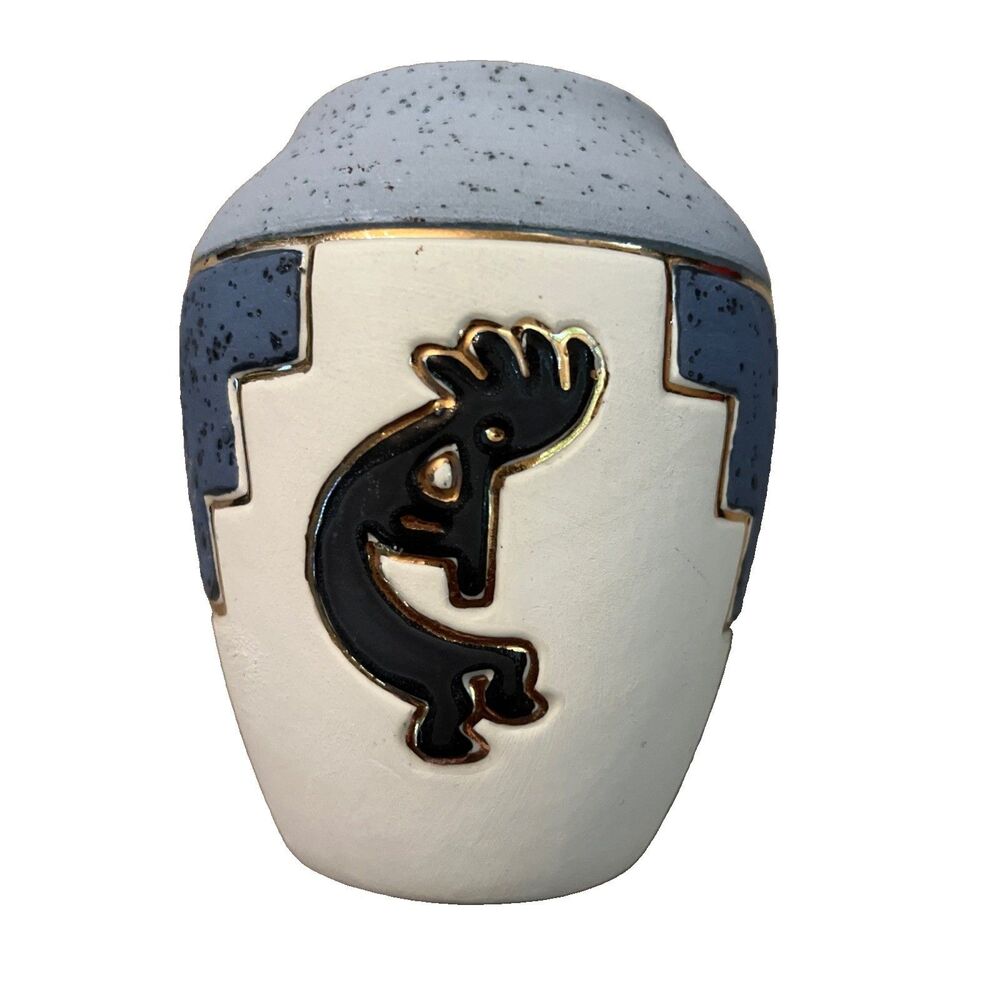 Sioux Pottery Barrel Vase Kokopelli Artist Signed Small Blue Vase 4 Inches